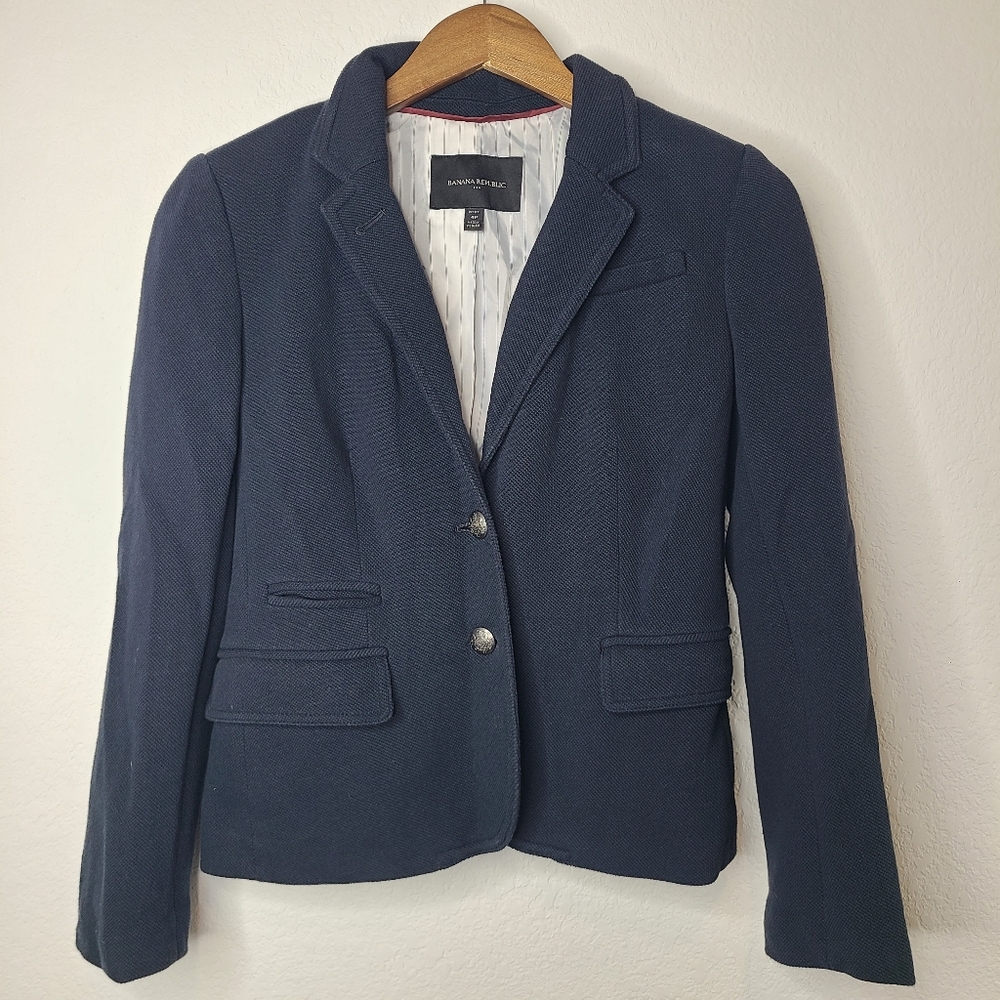 Banana Republic Navy Blue Knit Blazer Two Button 4 Petite 100% Cotton